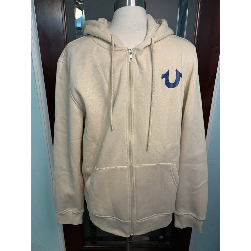 New True Religion Overlap Buddha Zip Hoodie Fog/Beige Color Size L Retail $119